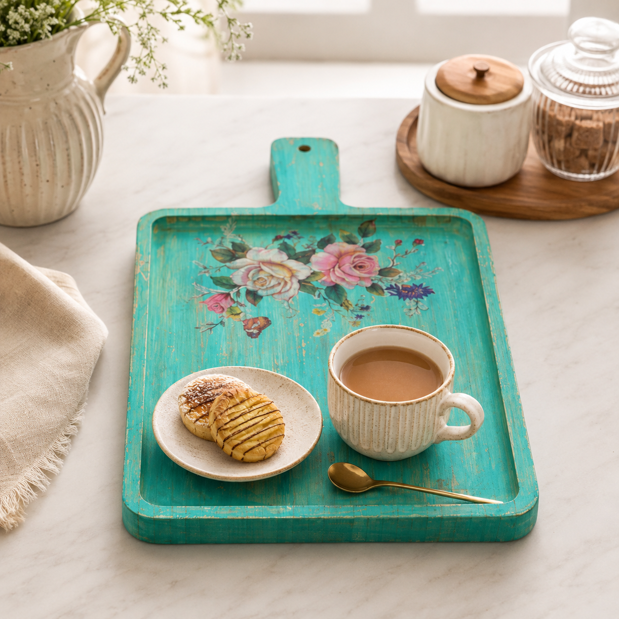 Hand-Painted Vintage Floral Wooden Serving Tray (Large)